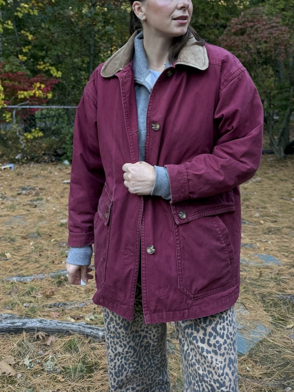 Vintage Trail Designs Burgundy Barn Jacket – Plaid Lined Chore / Utility Coat M